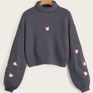 Mushroom 🍄 Embroidery High Neck Cropped Sweater in Dark Gray Charcoal